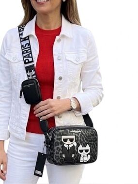 KARL LAGERFELD Maybelle Leopard Black Crossbody Bag 2 Compartments / AirPod Case